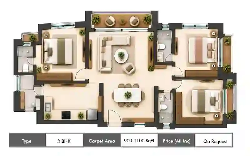 Sheth Mulund 3 BHK floor plan, 900 sq ft carpet area